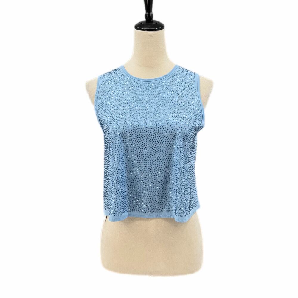 Queen of Sparkles NEW Light Blue Rhinestone Active Sleeveless Crop Tank Top - Picture 2 of 12